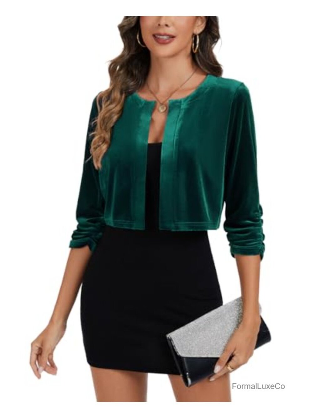 Velvet Open Front Bolero Shrug Cropped 3/4 Sleeve Cardigan